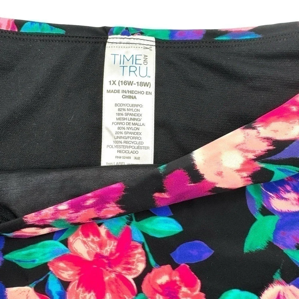 Time and Tru Womens Plus 1X‎ Floral High Waist Bikini Bottom Black Pink Purple